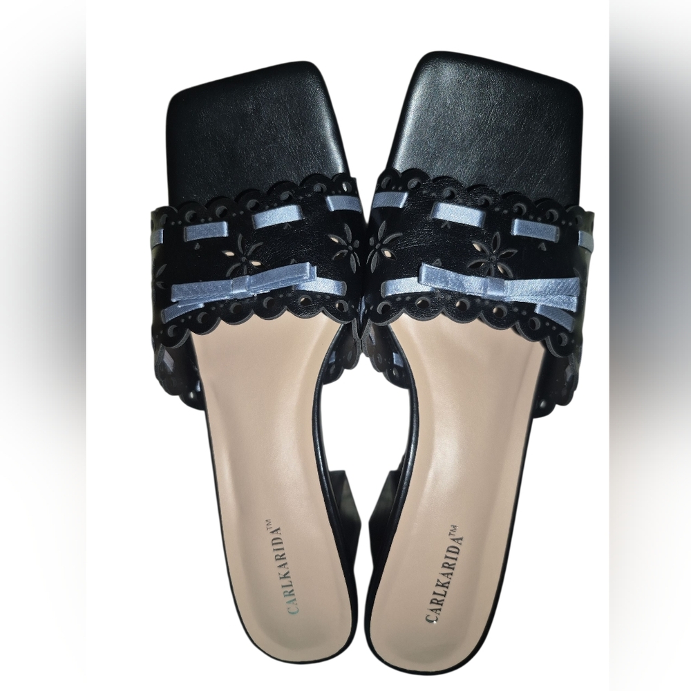 Black W/ Sky Blue Ribbon, Block Heeled Open Toed Mules - New Size 8 & 11 - Picture 7 of 8